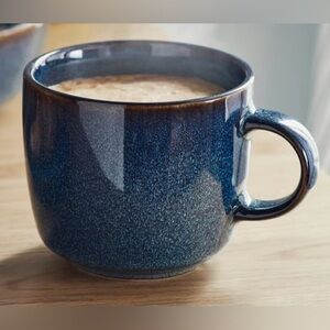 NEW IKEA GLADELIG Coffee Cup Mug Blue Speckled Brown Trim Glazed Stoneware 13 OZ